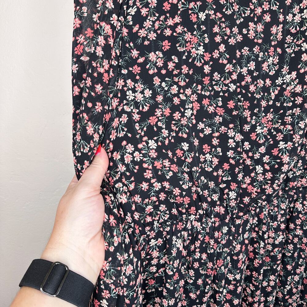 Skies Are Blue Black Floral Long Puff Sleeve Low Cut Button Front Midi Dress Lg - Picture 11 of 13